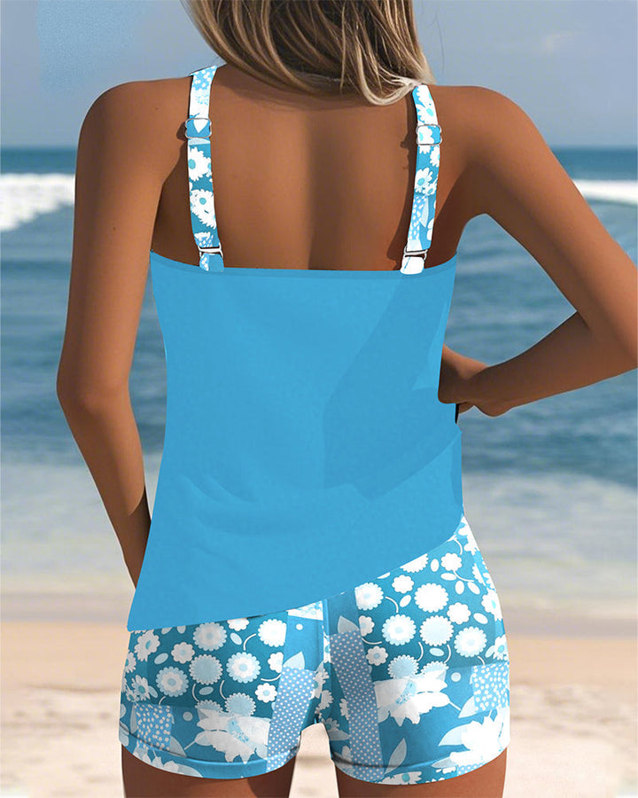 Women's trendy printed tankini top & swim shorts set. Comfortable two-piece beachwear for summer and vacation.
