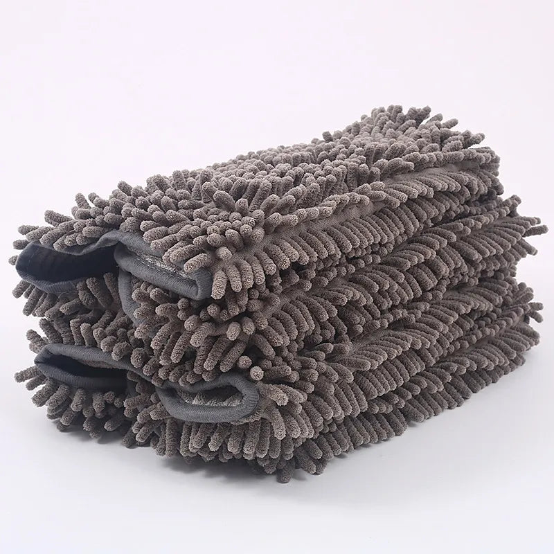 Gentle dog drying glove with paw embroidery. Ultra-absorbent microfiber towel for quick dog bath drying.