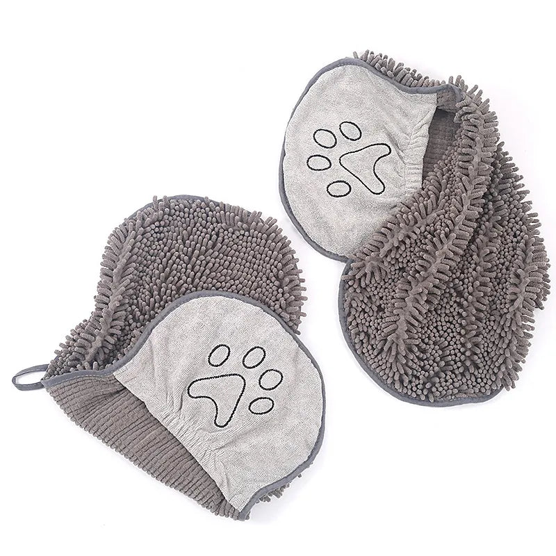 Premium pet care drying glove, highly absorbent microfiber dog towel. Ideal for fast dog grooming after baths.