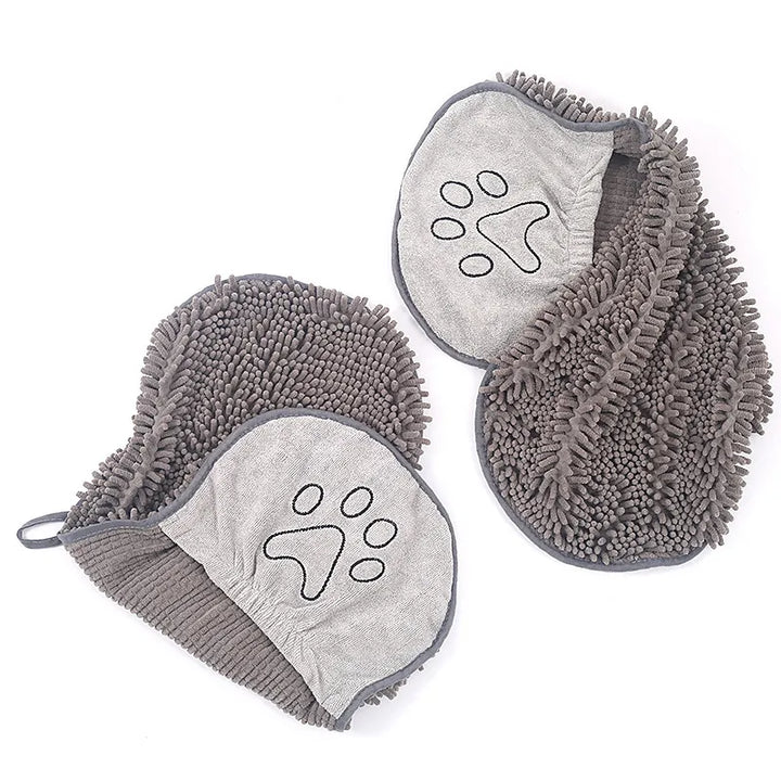 Premium pet care drying glove, highly absorbent microfiber dog towel. Ideal for fast dog grooming after baths.