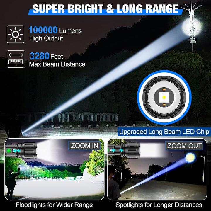 Ultra-bright 100,000 lumen tactical LED flashlight, rechargeable for powerful illumination.
