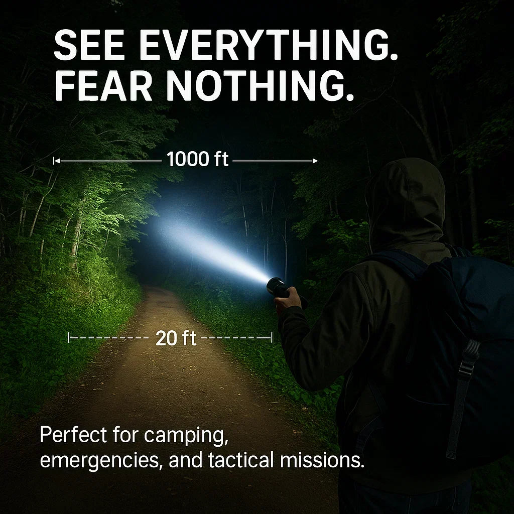 Tactical LED flashlight with ergonomic grip, 100,000 lumens, ultra-bright for night activities.