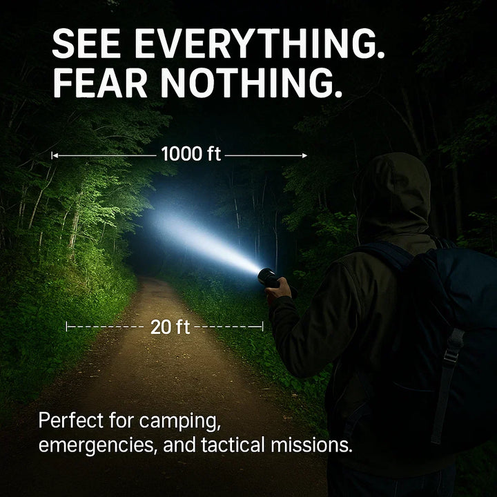 Tactical LED flashlight with ergonomic grip, 100,000 lumens, ultra-bright for night activities.