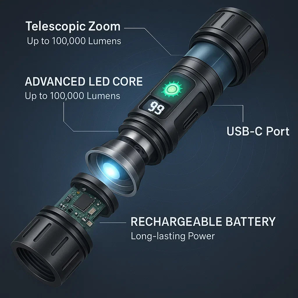 Illuminate darkness with this 100,000 lumen tactical LED flashlight, perfect for security.
