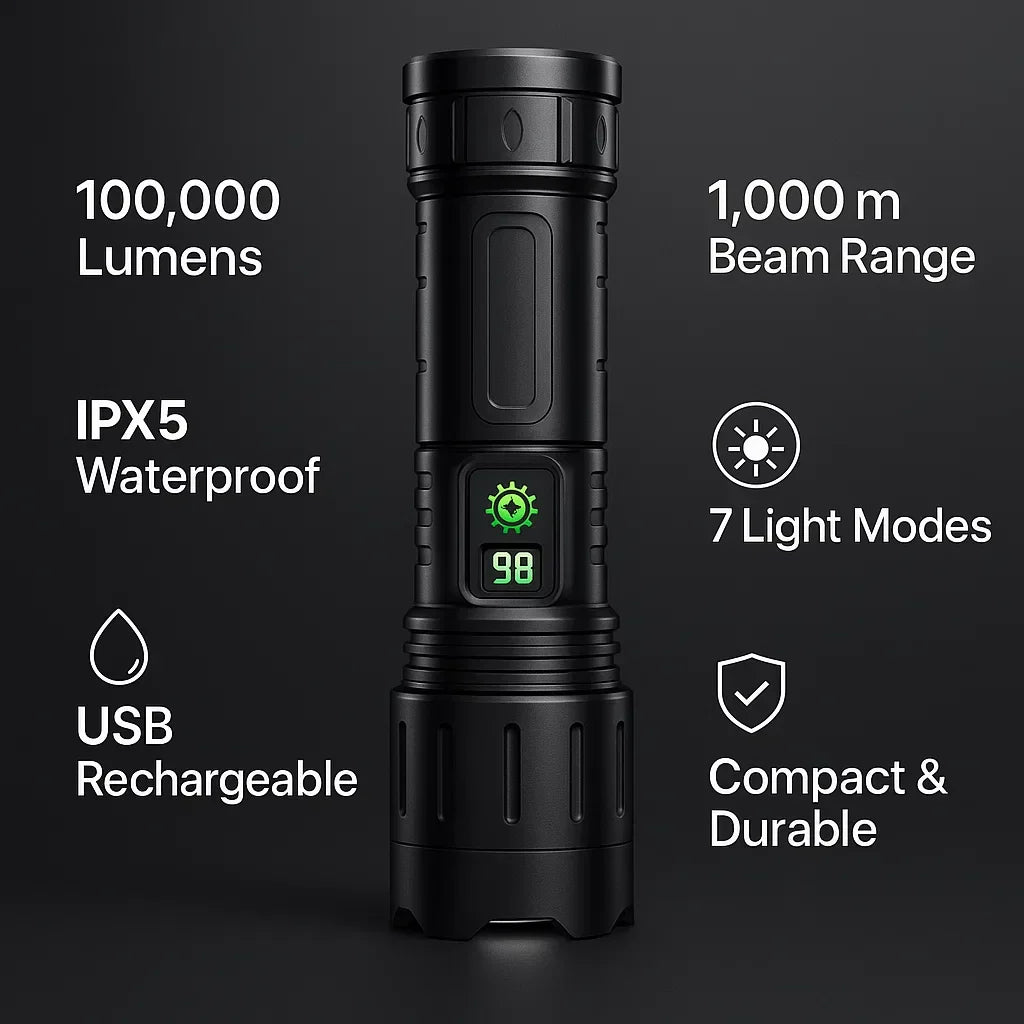 Versatile 100,000 lumen tactical LED torch, rechargeable, waterproof, and portable emergency light.