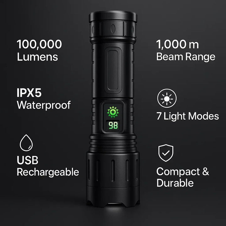 Versatile 100,000 lumen tactical LED torch, rechargeable, waterproof, and portable emergency light.
