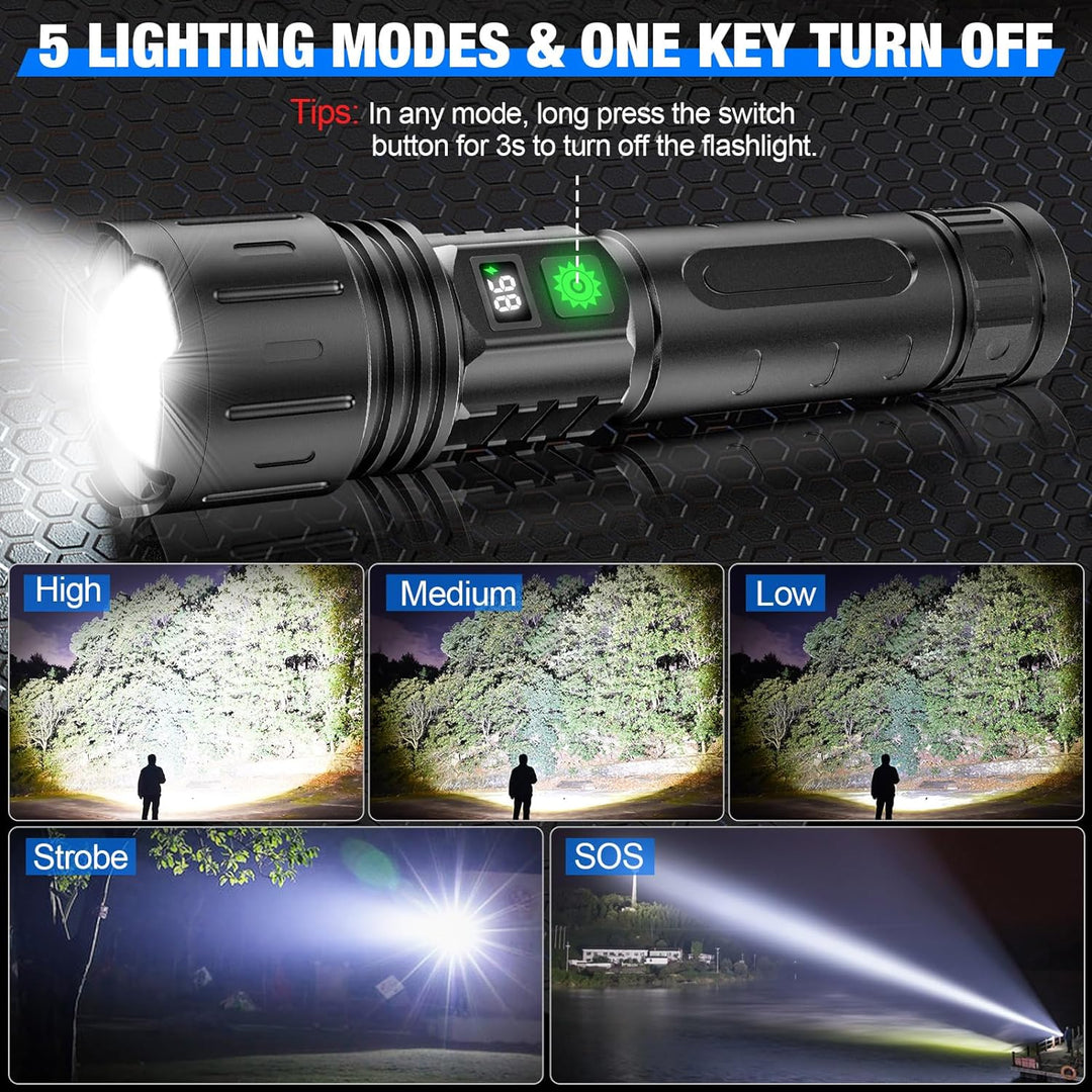 Waterproof & portable tactical LED torch, 100,000 lumens, ideal outdoor gear & emergency light.