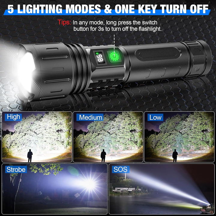 Waterproof & portable tactical LED torch, 100,000 lumens, ideal outdoor gear & emergency light.