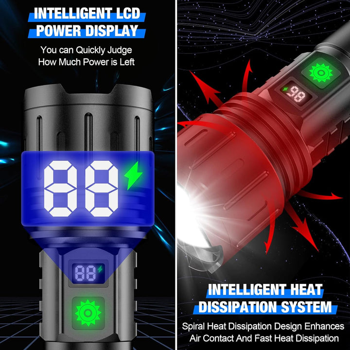 Rechargeable tactical LED flashlight with power bank function, 100,000 lumens for bright light.
