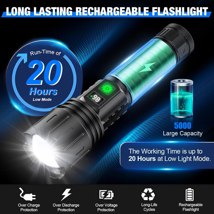 High lumen tactical LED flashlight, 100,000 lumens, durable and powerful for outdoor adventures.
