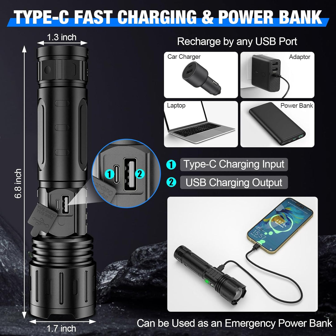 Unisex ultra-bright 100,000 lumen LED flashlight, sleek design, perfect for any situation.
