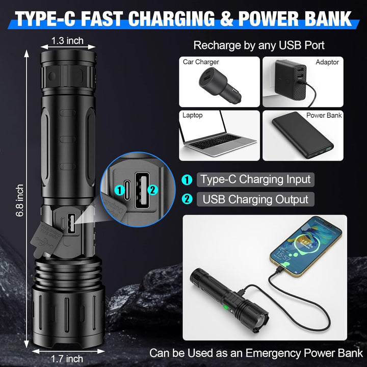 Unisex ultra-bright 100,000 lumen LED flashlight, sleek design, perfect for any situation.