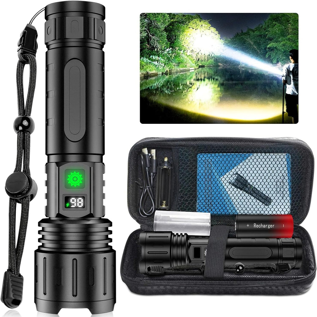Compact & portable tactical LED flashlight, 100,000 lumens, essential emergency light and outdoor gear.