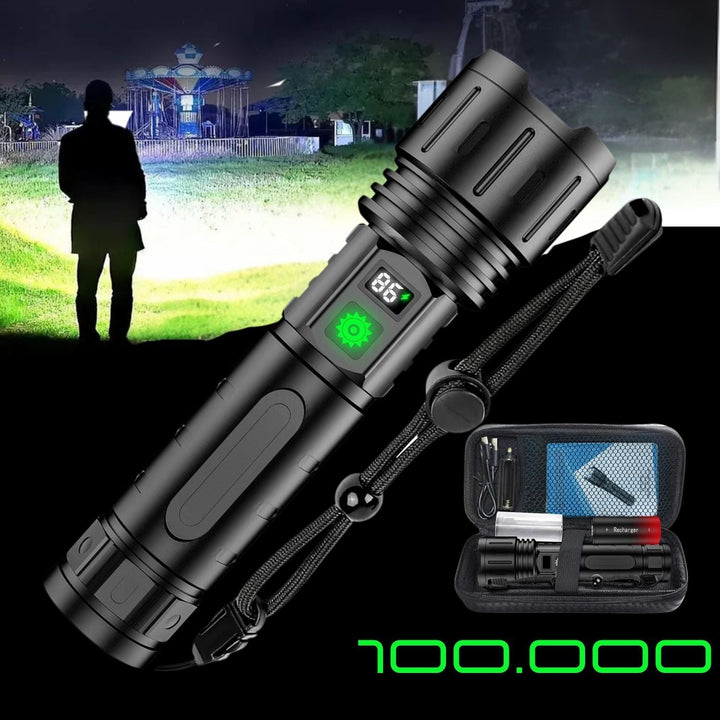 Powerful 100,000 lumen tactical LED flashlight, rechargeable, also functions as a power bank.