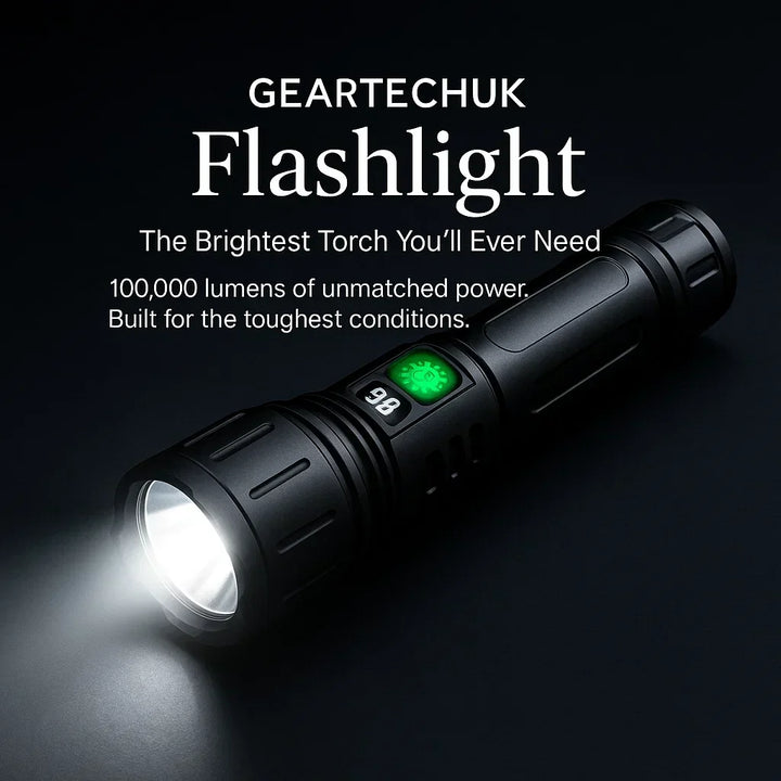 Brightest 100,000 lumen LED flashlight, essential outdoor gear for hiking, camping & emergencies.