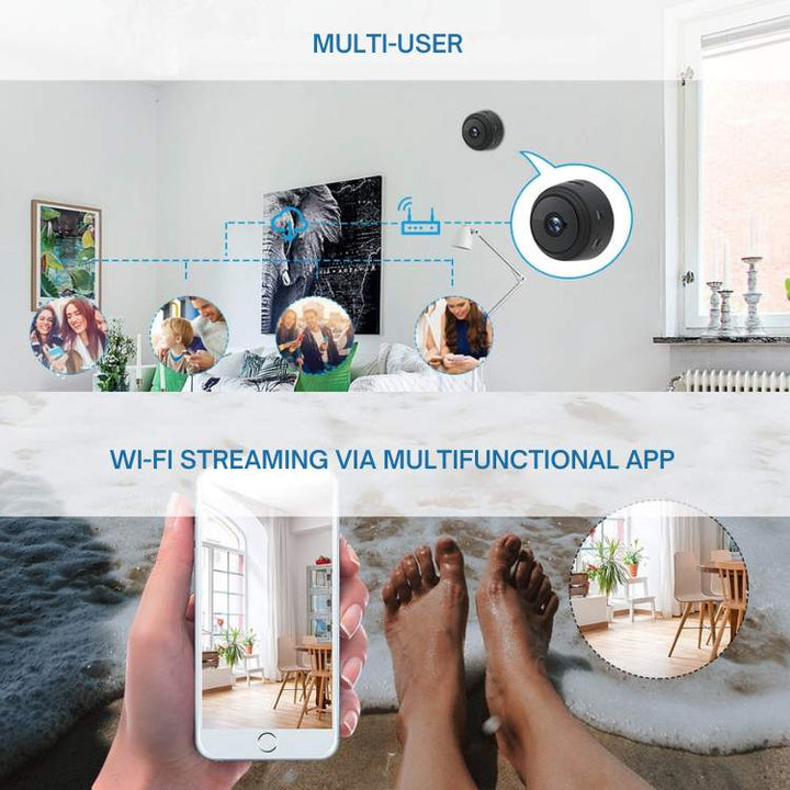 Advanced ultra-compact HD camera with night vision for smart home security and surveillance.