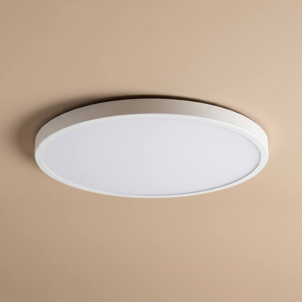 Stylish black trim round LED ceiling light, slim flush mount design, adding a sleek touch to any room.