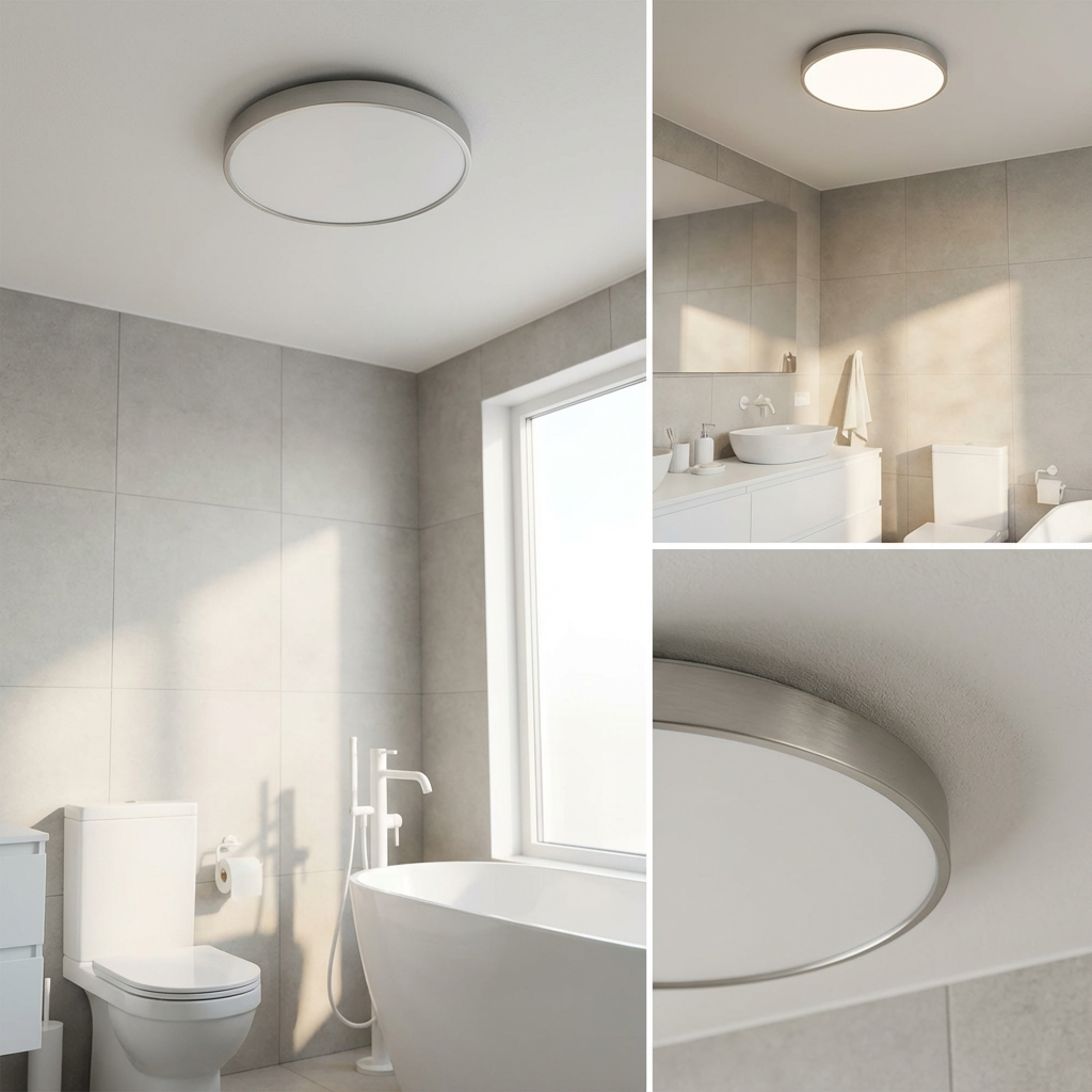 Sleek silver trim round LED ceiling light, ultra-slim design for contemporary home lighting.