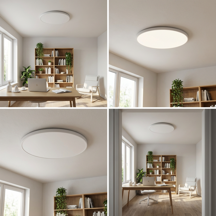 Modern black round LED ceiling light, flush mount, ideal for minimalist home decor and energy saving.