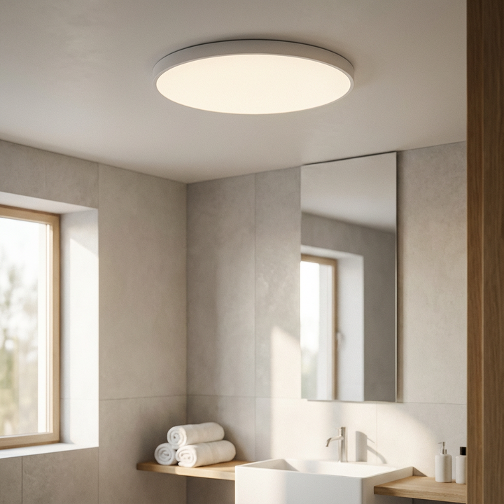 Energy-efficient ultra-slim round LED ceiling light, providing soft, ambient light for any room.