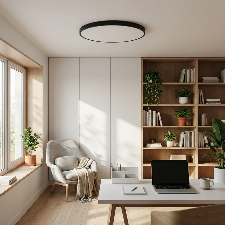 Round LED ceiling light, modern flush mount with soft light, suitable for stylish home illumination.