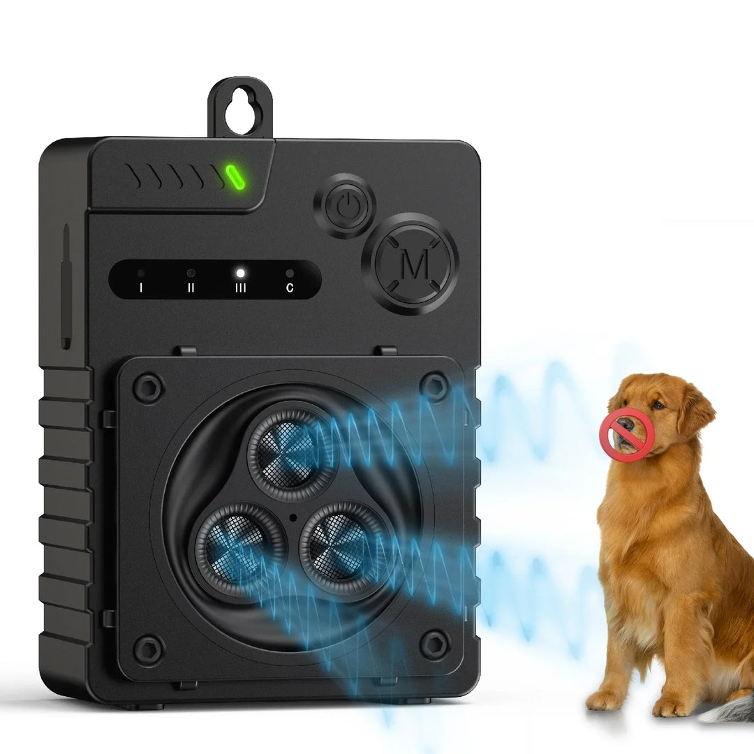 Outdoor waterproof ultrasonic dog bark deterrent device. Rechargeable for effective bark control & pet training.