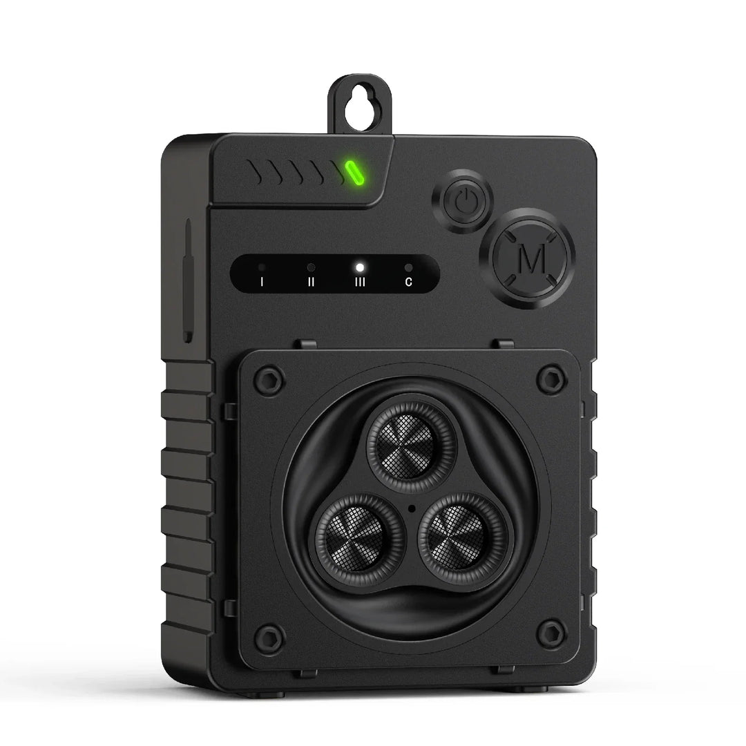 Rechargeable ultrasonic dog bark deterrent device. Sleek design for indoor/outdoor pet training & bark control.