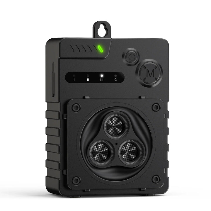 Rechargeable ultrasonic dog bark deterrent device. Sleek design for indoor/outdoor pet training & bark control.