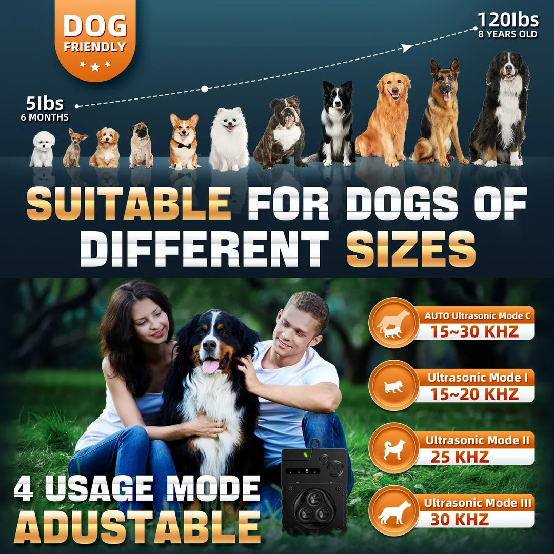 Versatile indoor & outdoor ultrasonic dog bark deterrent. Rechargeable & waterproof for effective pet training.