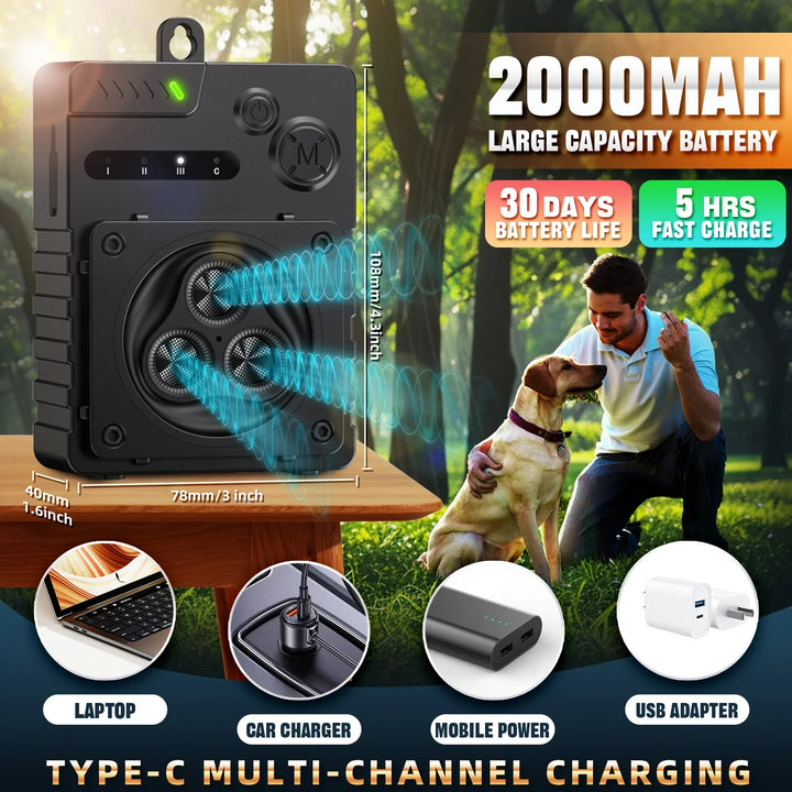Pet training ultrasonic dog bark deterrent. Controls barking indoors & outdoors for a calmer, quieter living space.