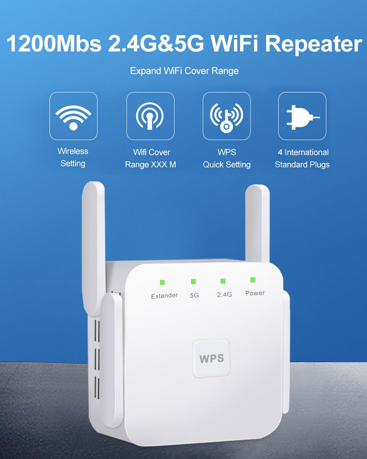 Sleek UltraXtend 5GHz WiFi booster for easy setup, enhancing home network and internet speed significantly.