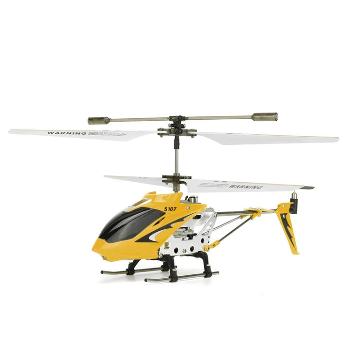 Unbreakable mini RC helicopter mid-flight indoors. Gyro system provides stable remote control fun for kids.