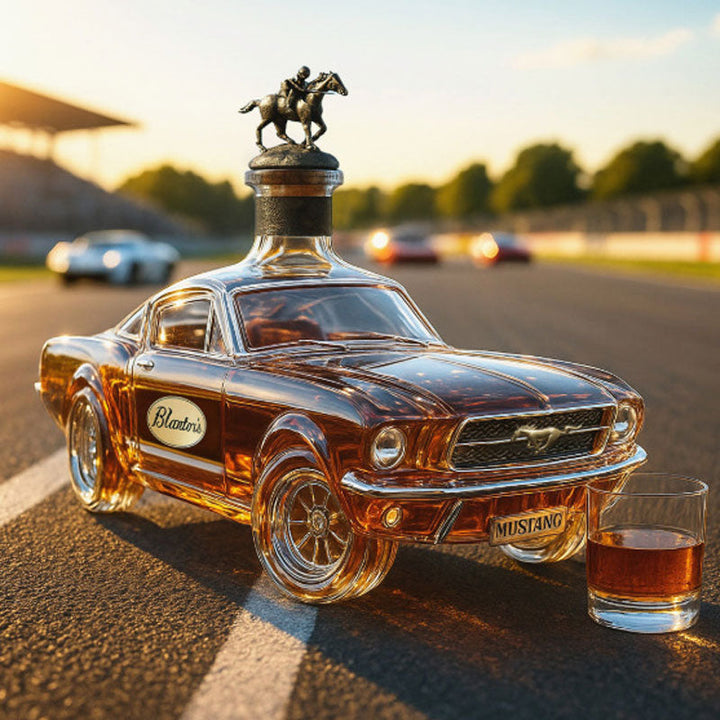 Unique Mustang car whiskey decanter set with glasses for a stylish home bar.