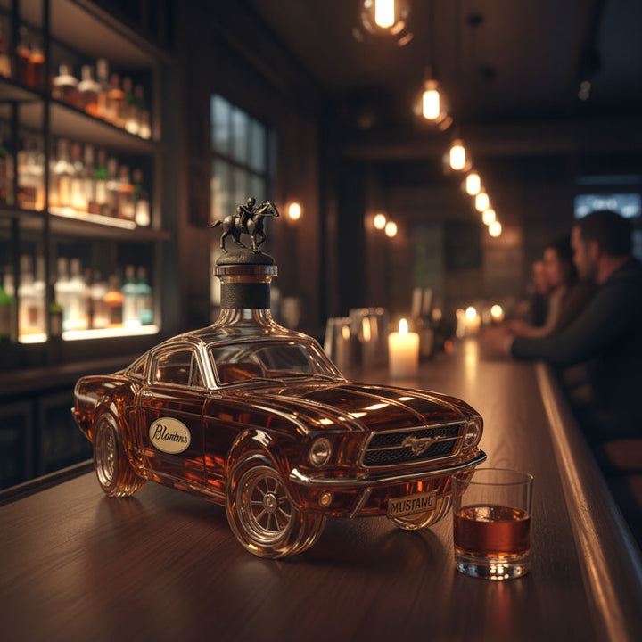 Detailed glass whiskey decanter shaped like a classic Mustang car, perfect for liquor.