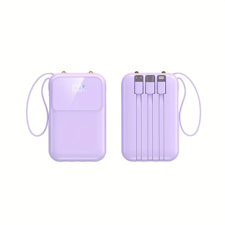 Unisex 10000mAh power bank with fast charging and integrated cables for phones & devices.