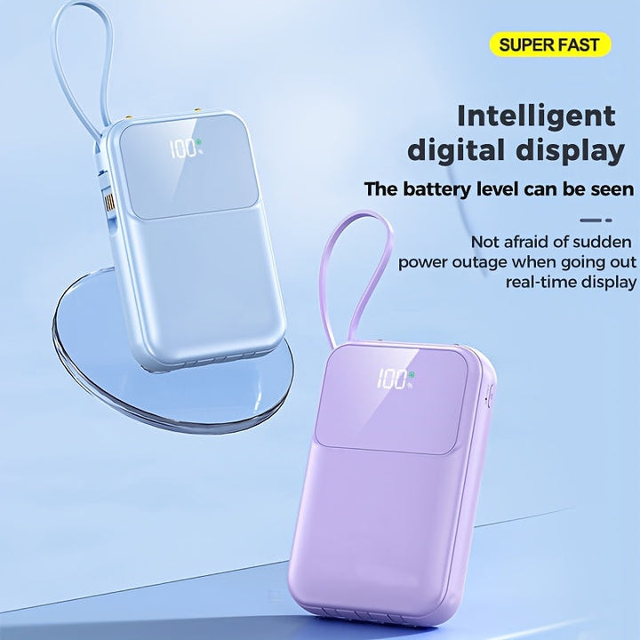 Essential travel accessory: 10000mAh fast charge portable power with universal cables.