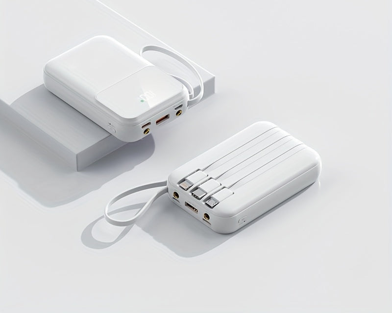 Modern 10000mAh power bank with built-in cables, ensuring fast charging anywhere, anytime.