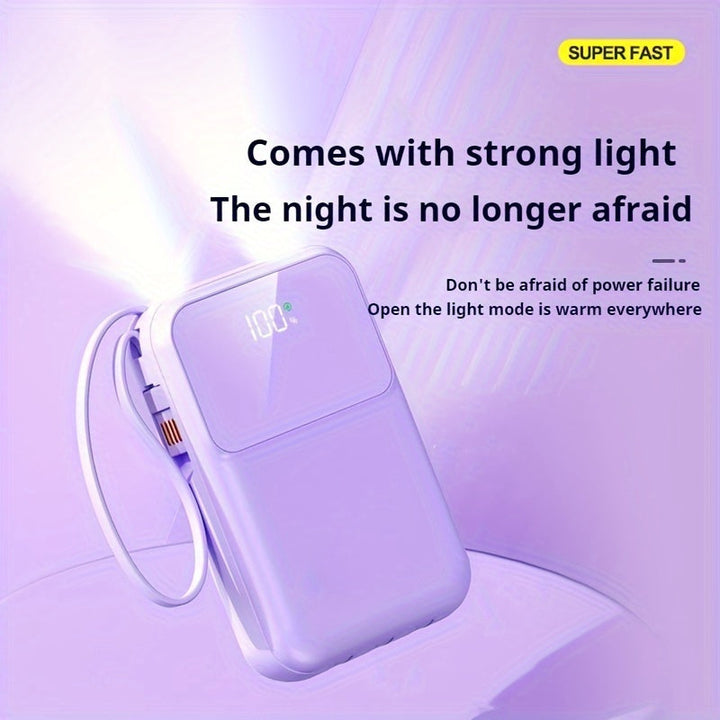 Reliable 10000mAh fast charging power bank, integrated cables for iPhone, Android & more.