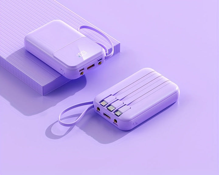 Versatile 10000mAh power bank, fast charging, built-in cables for multiple electronic devices.