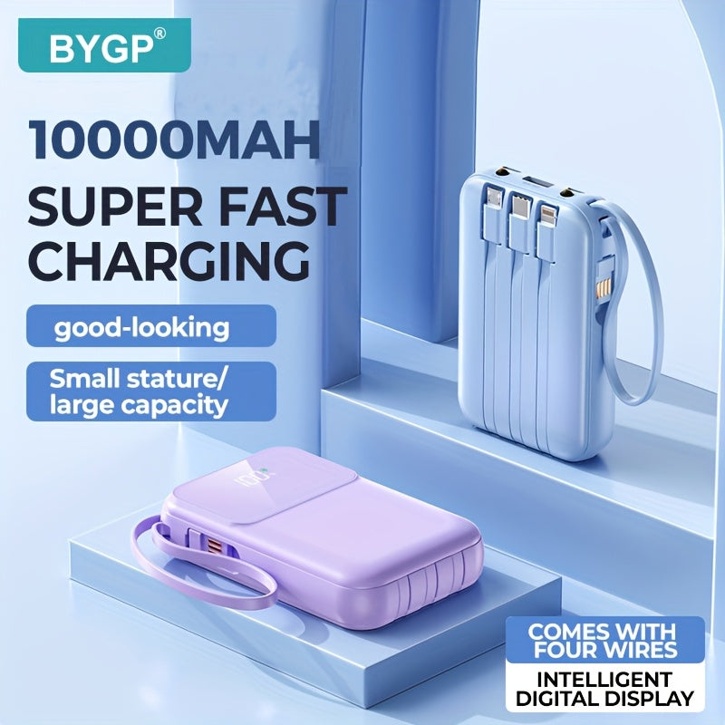 Portable 10000mAh power bank, fast charge, built-in USB-C, Lightning, Micro-USB cables.