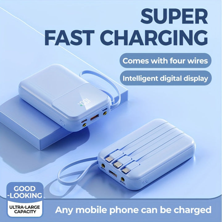 Sleek 10000mAh portable charger, fast charging, perfect for travel with universal cables.