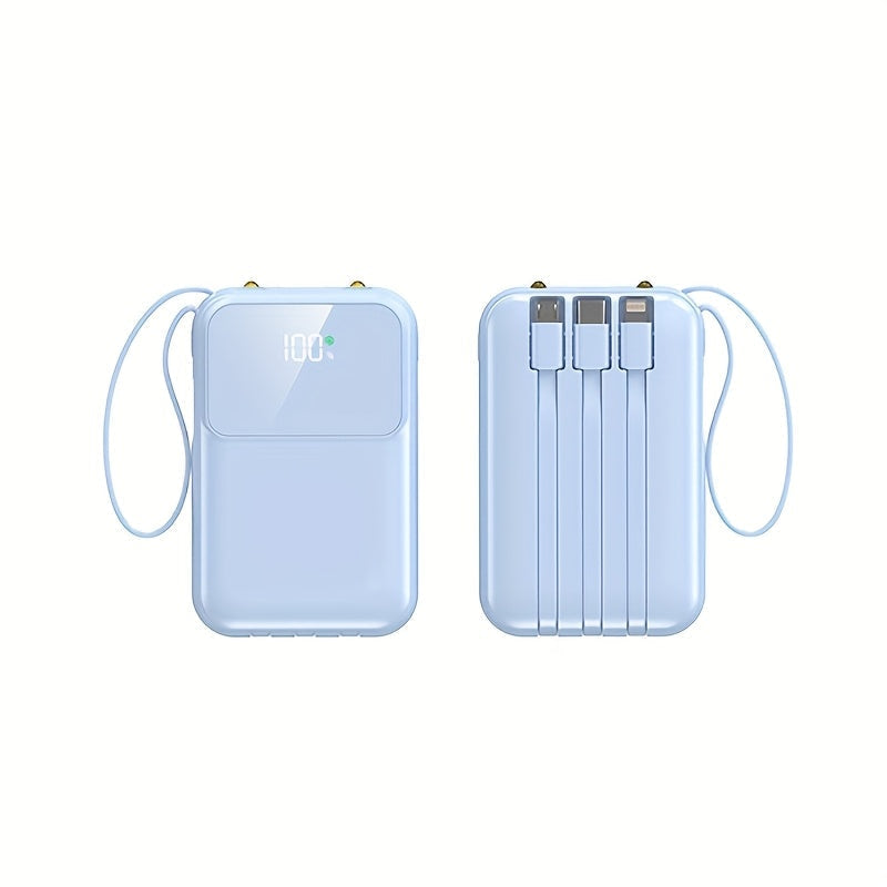 Compact unisex power bank, 10000mAh, built-in charging cables, ideal for all smartphones.