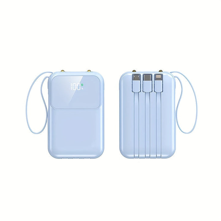 Compact unisex power bank, 10000mAh, built-in charging cables, ideal for all smartphones.