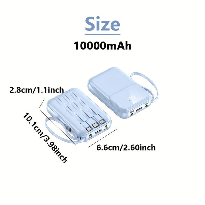Tech gadget: 10000mAh fast charge power bank with built-in multi-device charging cables.