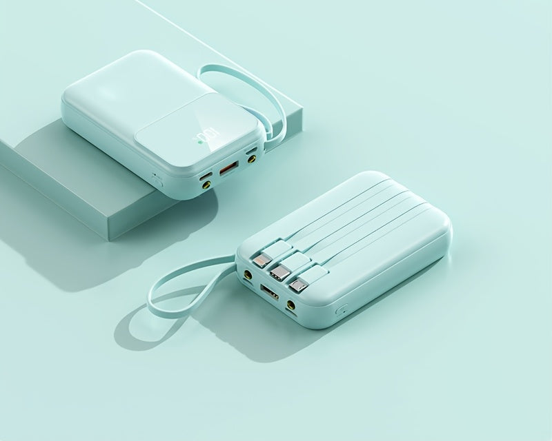 Travel-friendly 10000mAh portable charger, fast charge, integrated cables for all devices.