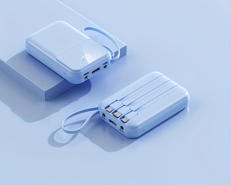 Mobile power bank 10000mAh, fast charging, sleek design, includes essential charging cables.