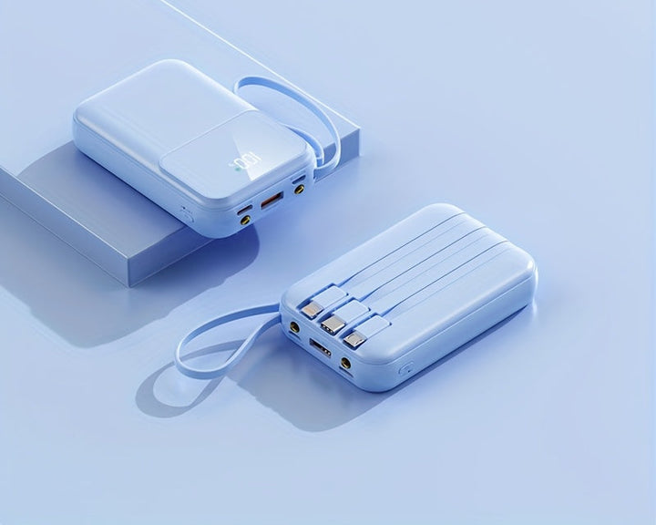 Mobile power bank 10000mAh, fast charging, sleek design, includes essential charging cables.