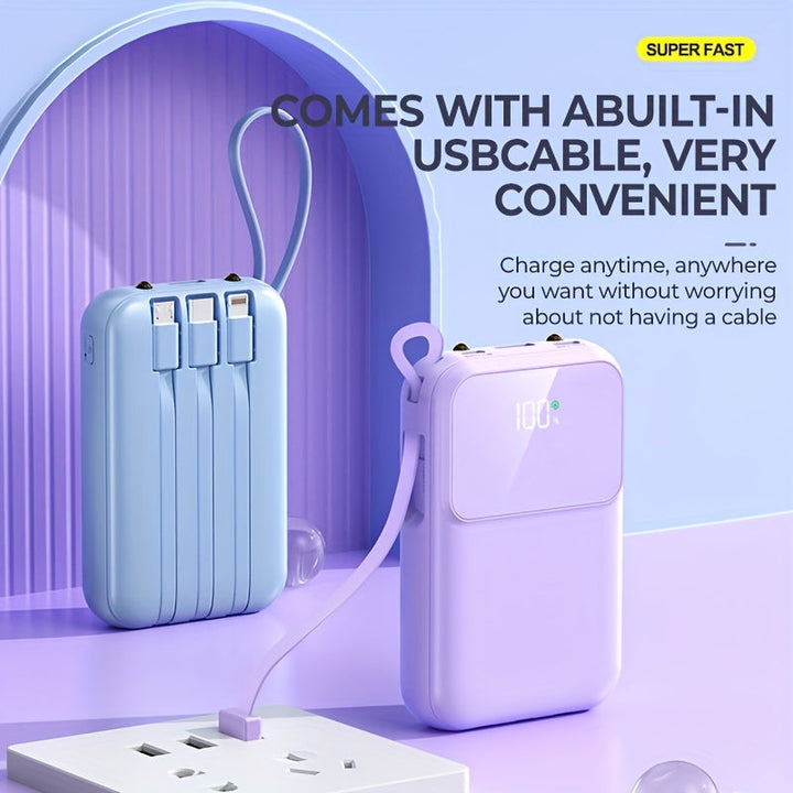 Unisex fast charge 10000mAh power bank, built-in USB-C, Lightning, Micro-USB cables.