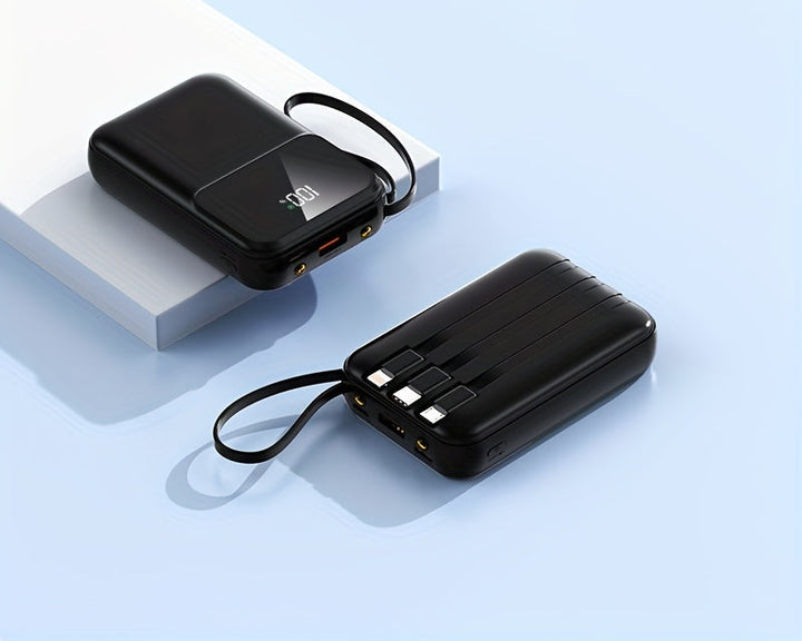High-capacity 10000mAh power bank, quick charge, built-in cables for ultimate convenience.
