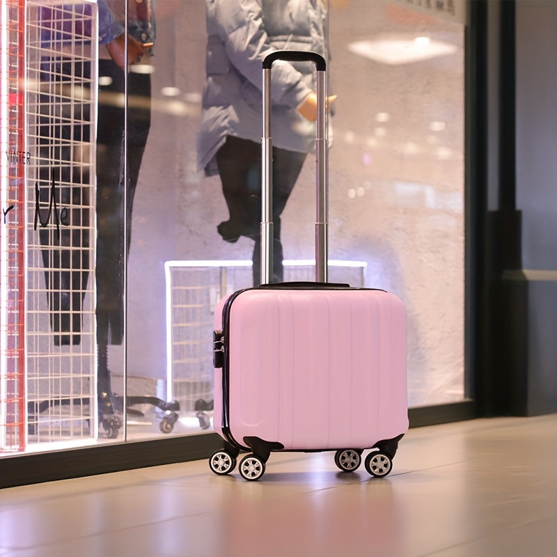 Unisex 18-inch carry-on suitcase with silent spinner wheels, perfect for short trips & cabin approved.
